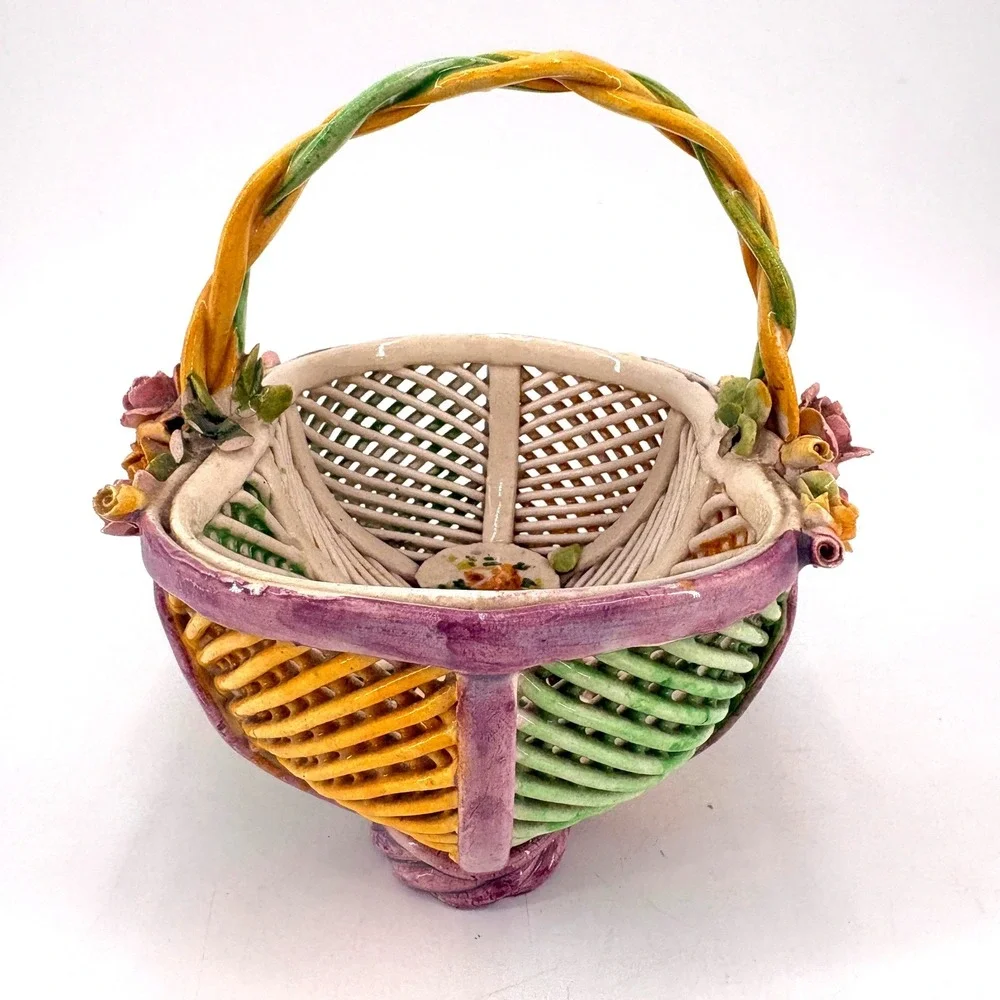 Handmade Vintage Ceramic Flower Basket Pink Roses Trinket Decor Dish Capodimonte